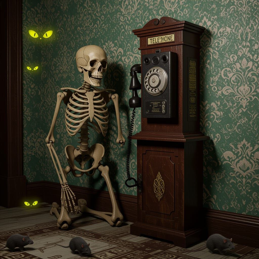 Skeleton with Old Telephone in Dusty Mansion