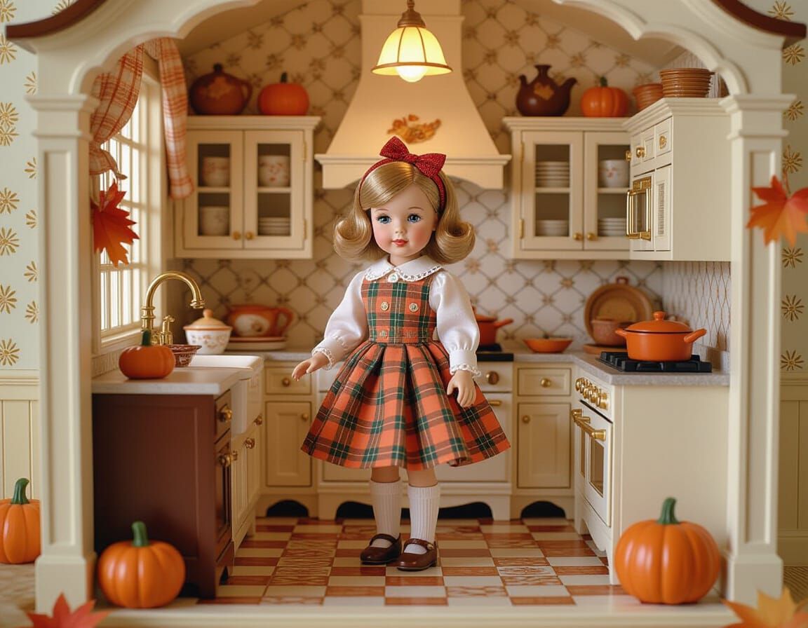 Thanksgiving Dollhouse Kitchen in Whimsical Digital Art Styl...
