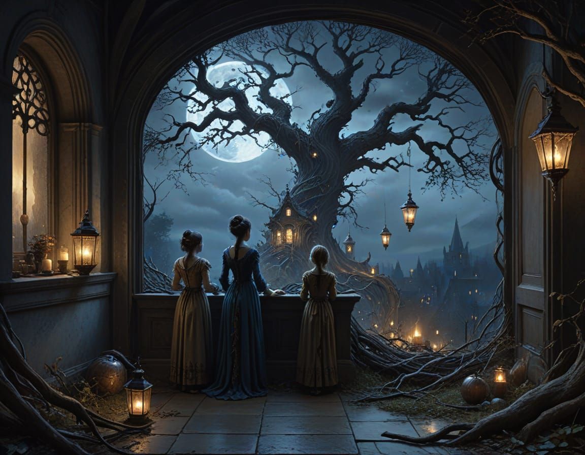 Whimsical Dark Fantasy Scene of Children and Father Watching...