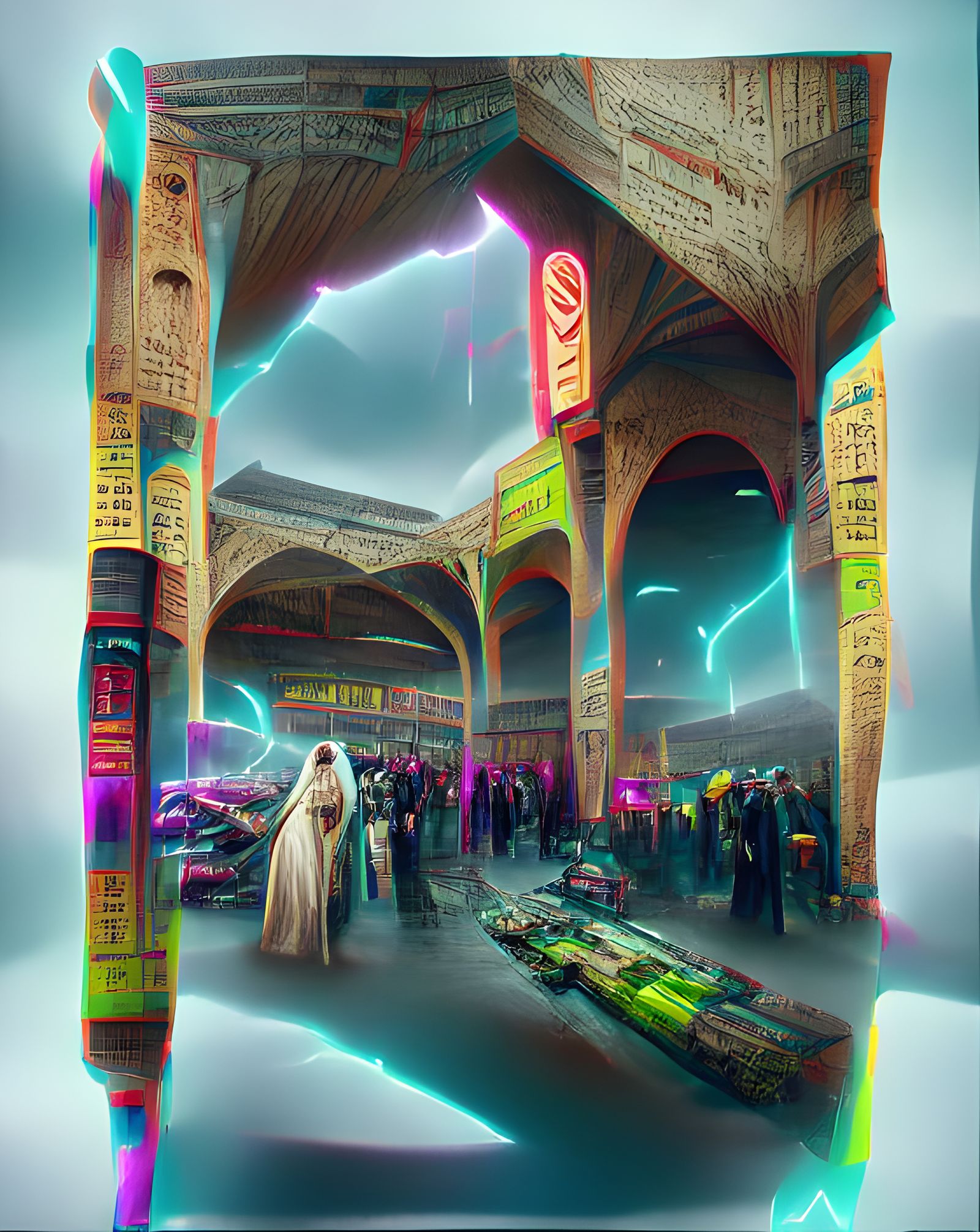 Cyberpunk Iranian Market with Neon Lights