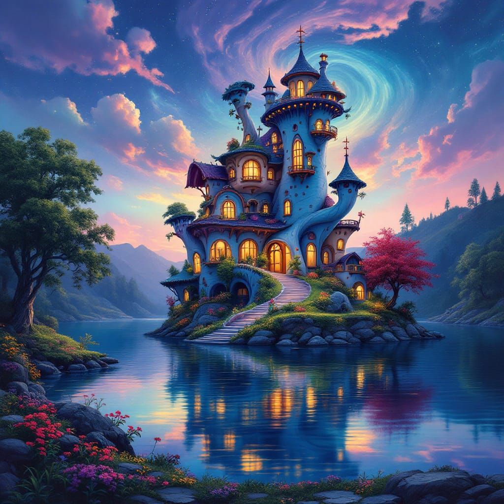 Whimsical Fantasy Lake House with Giant Tower