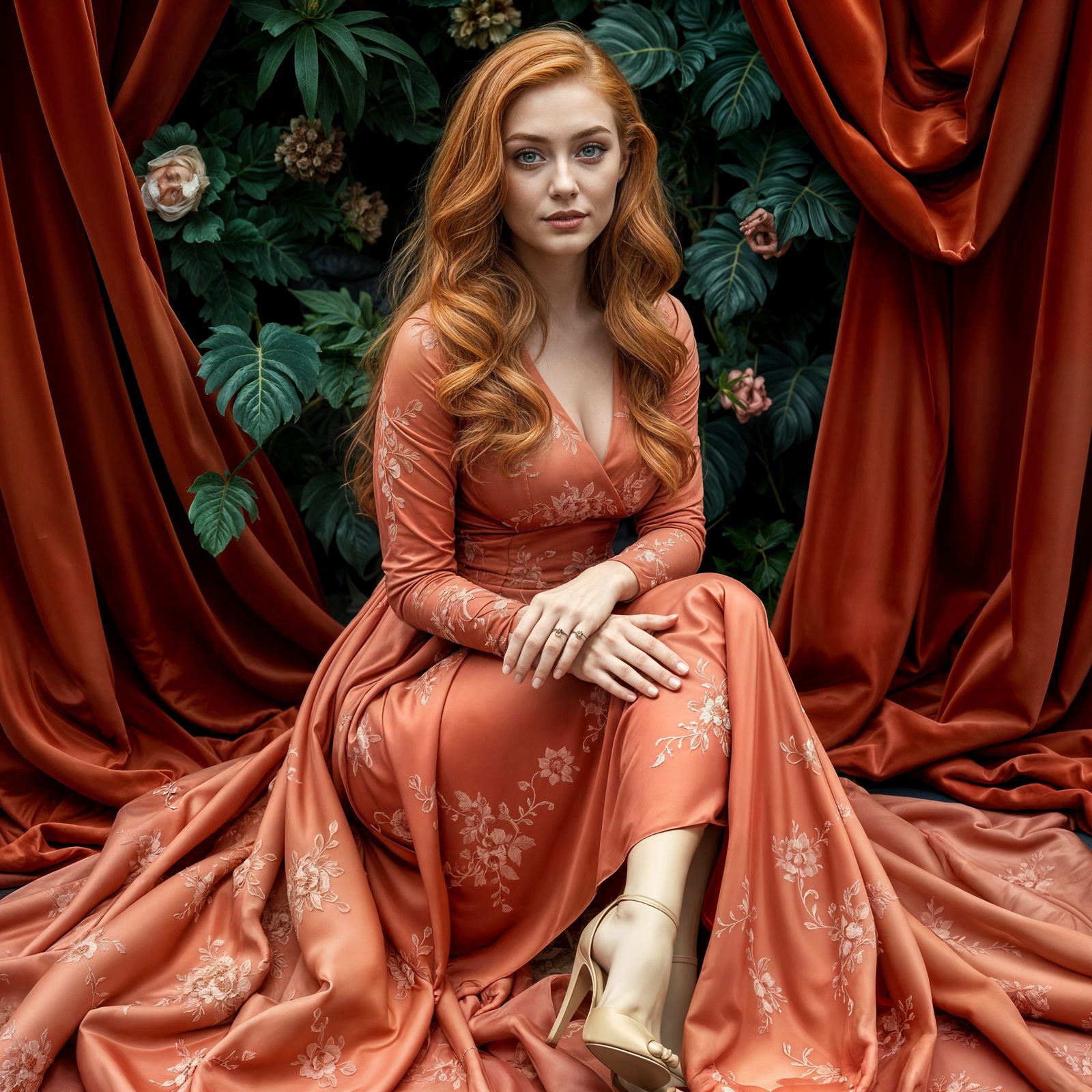 Elegant Strawberry Blonde Woman in Long Dress