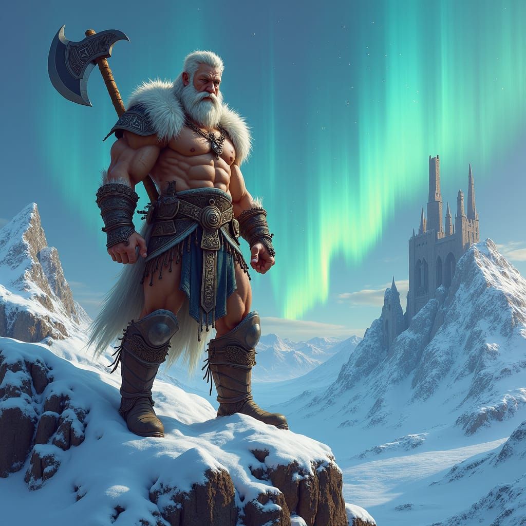 Heroic Nordic Warrior on Mountain Peak