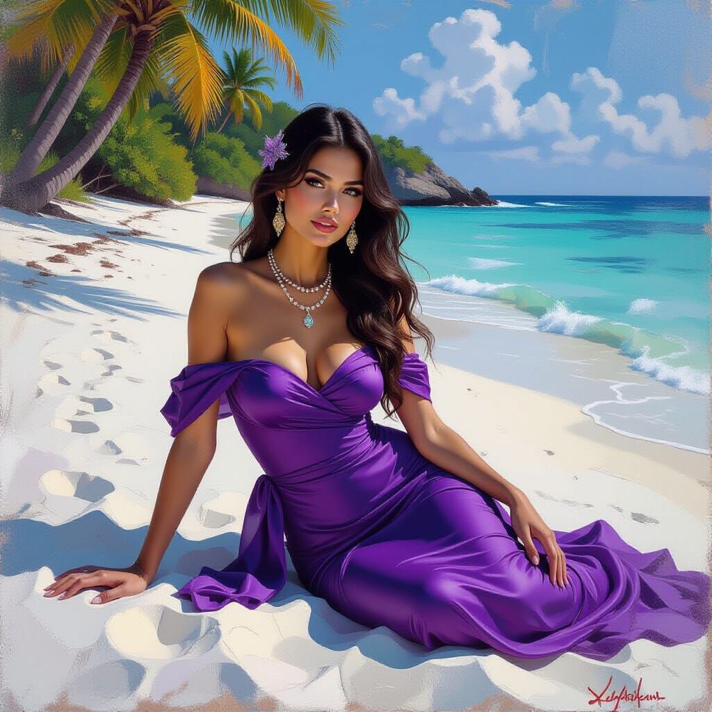 Rococo Woman on Beach with Oily Brush Strokes