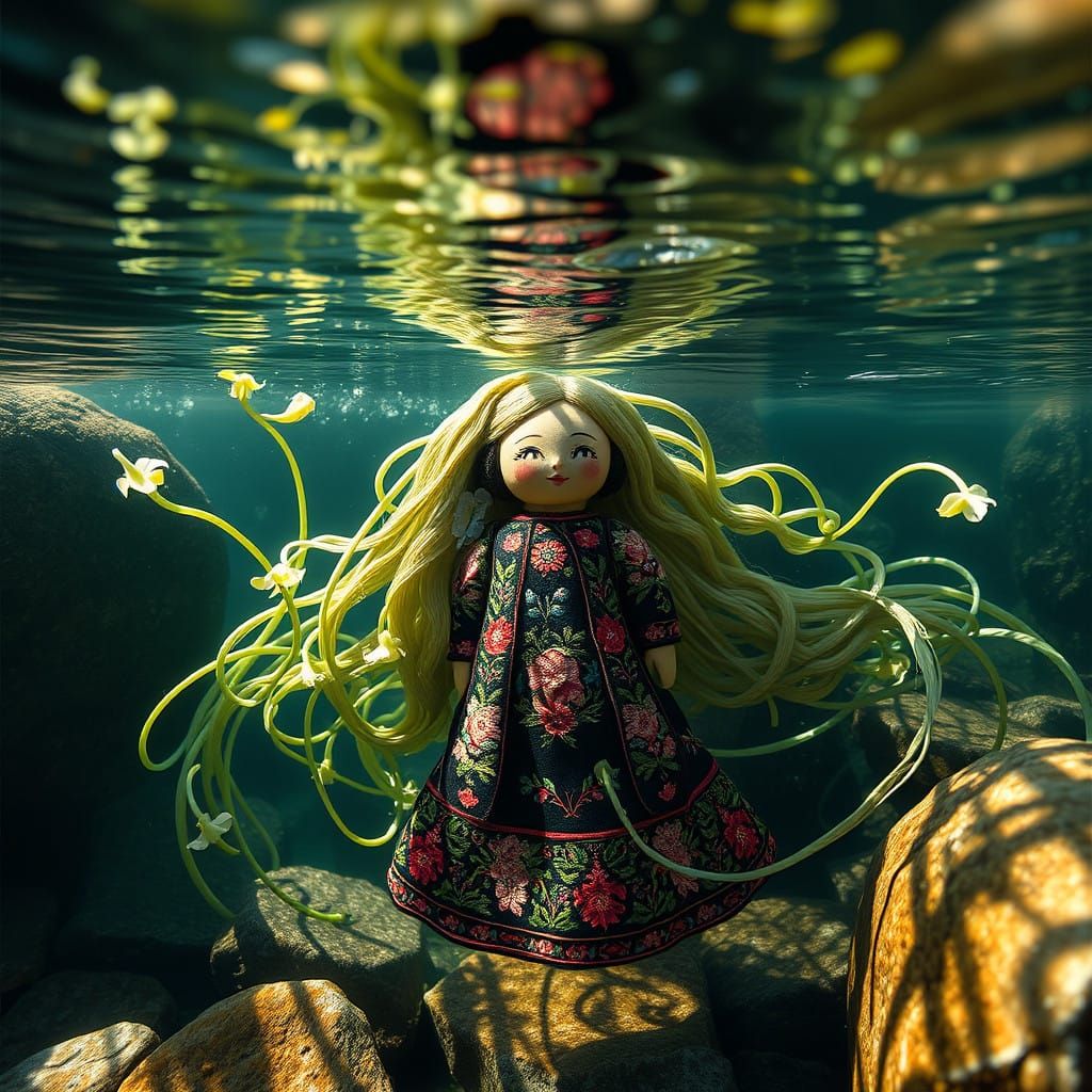 Ancient Russian Doll Basks in Underwater Garden Amidst Soft,...