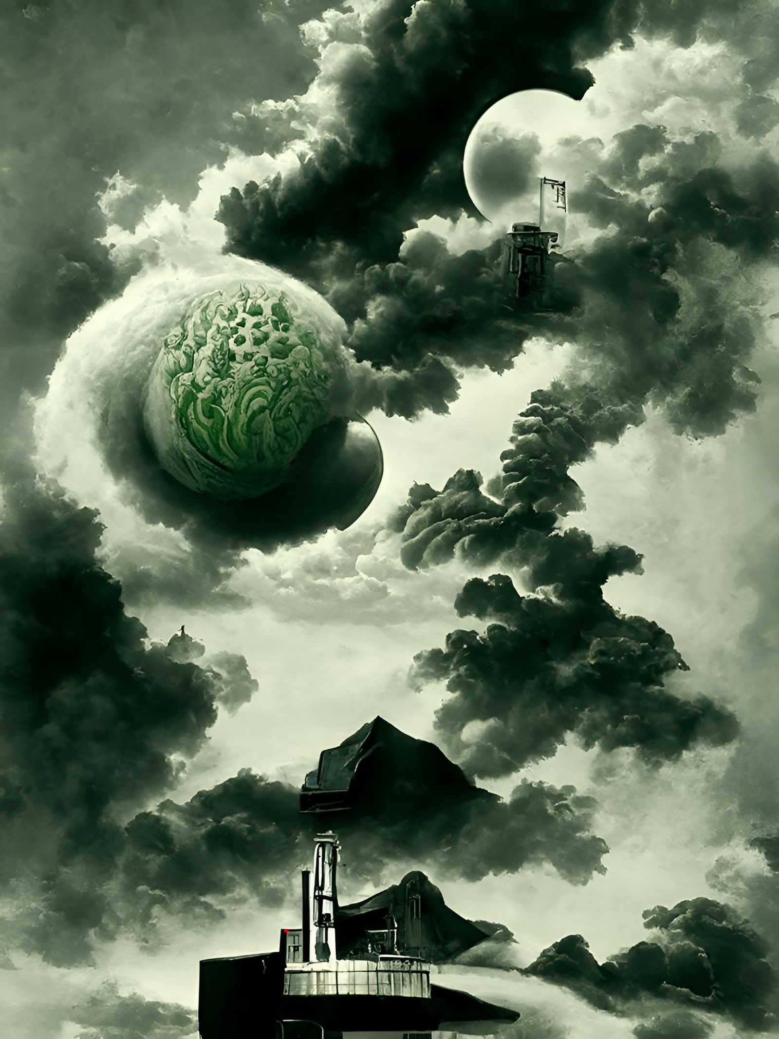 Clocktower on Neon Planet in Ukiyo-e Style