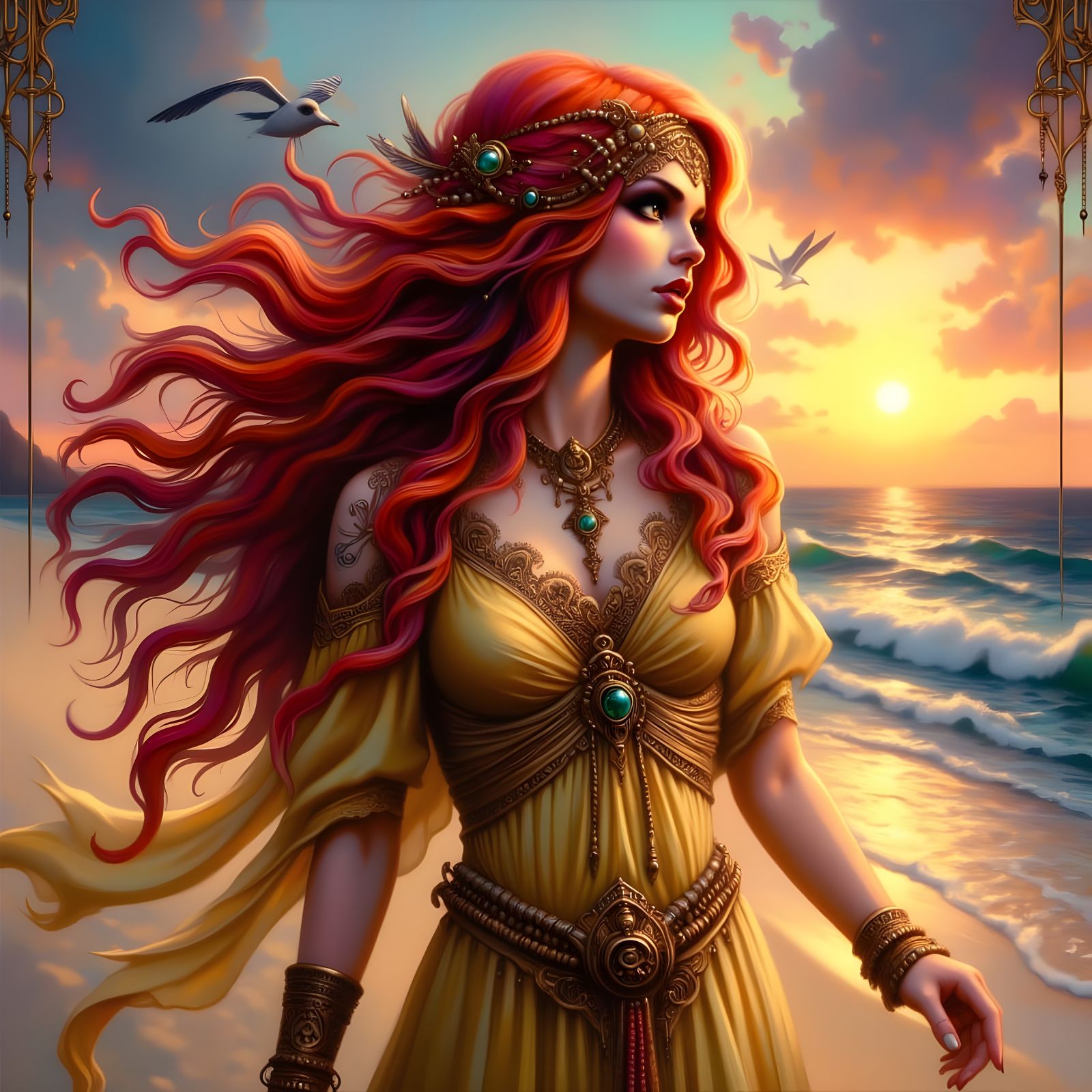 Ethereal Norse Goddess Walks Along Sunset Beach