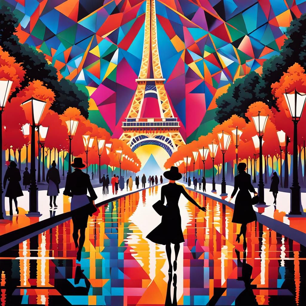 Cubist Woman on Champs Elysees with Eiffel Tower