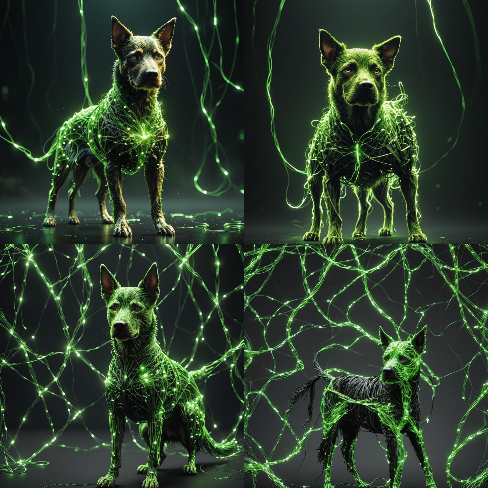 Matrix-Style Dog Made of Glowing Green Strings