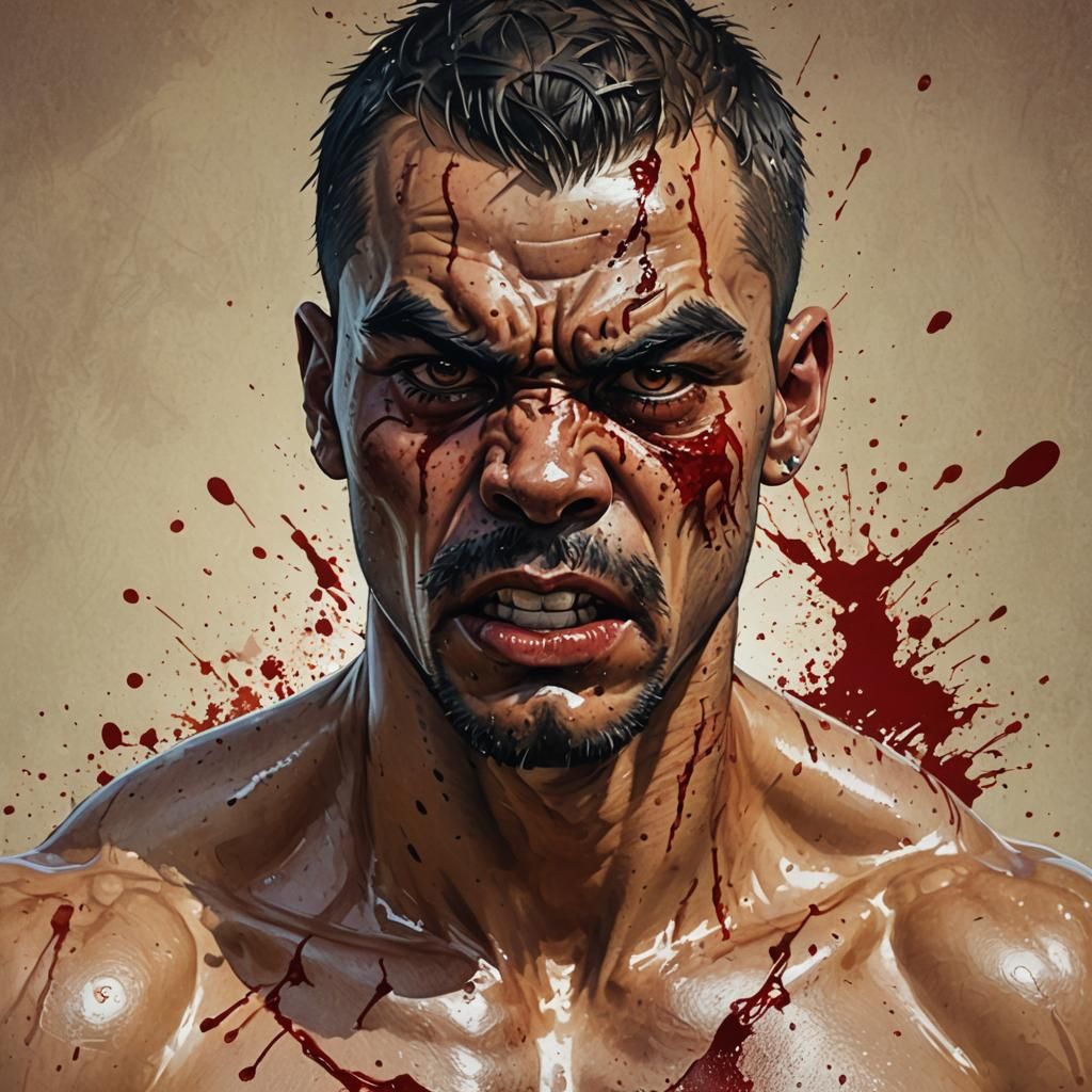 Hyperrealistic Boxer with Bloody Eyes and Beaten Face
