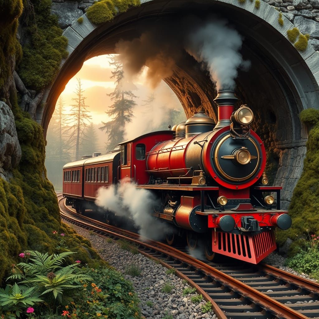Vintage Steam Train Emerges from Lush Forest in Warm Golden ...