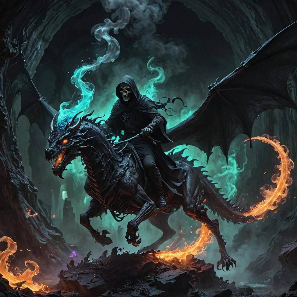 Grim Reaper Rides Dragon in Dark Fantasy Art