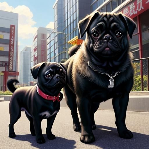 Two Pugs and a Black Pug in Anime Style