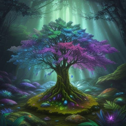 Rainbow Gemstone on Mossy Rock in Fantasy Digital Painting