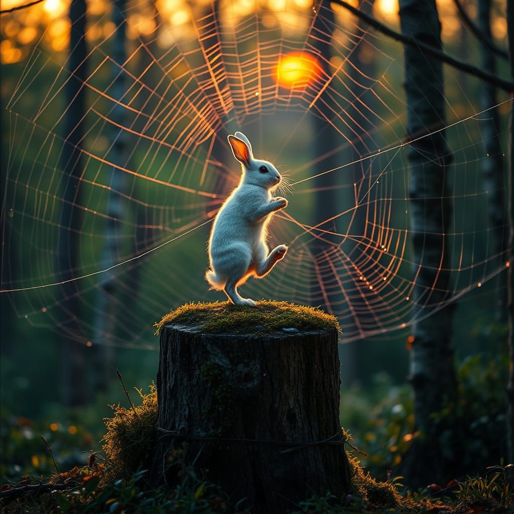 Lone Rabbit Entangled in Forest Webs at Twilight