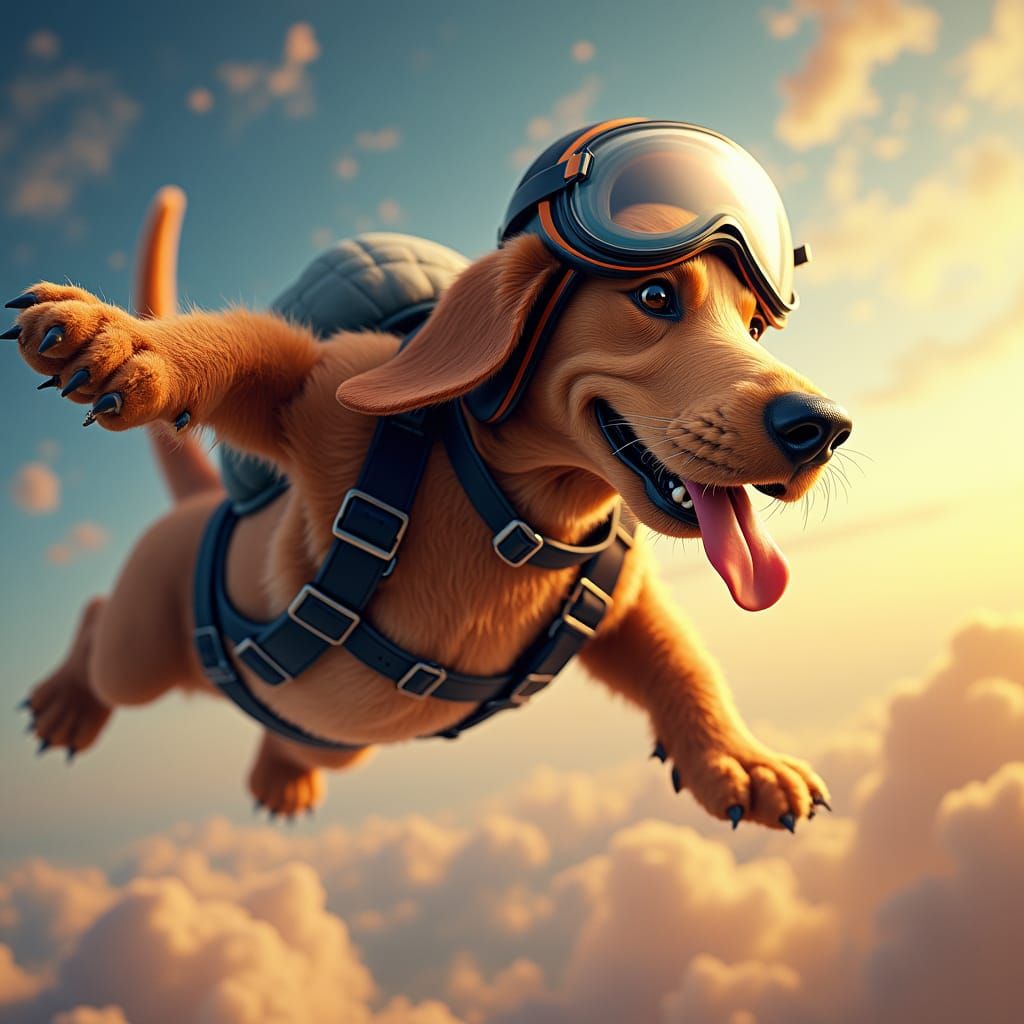 Skydiving Basset Hound with Goggles in Splash Art Style