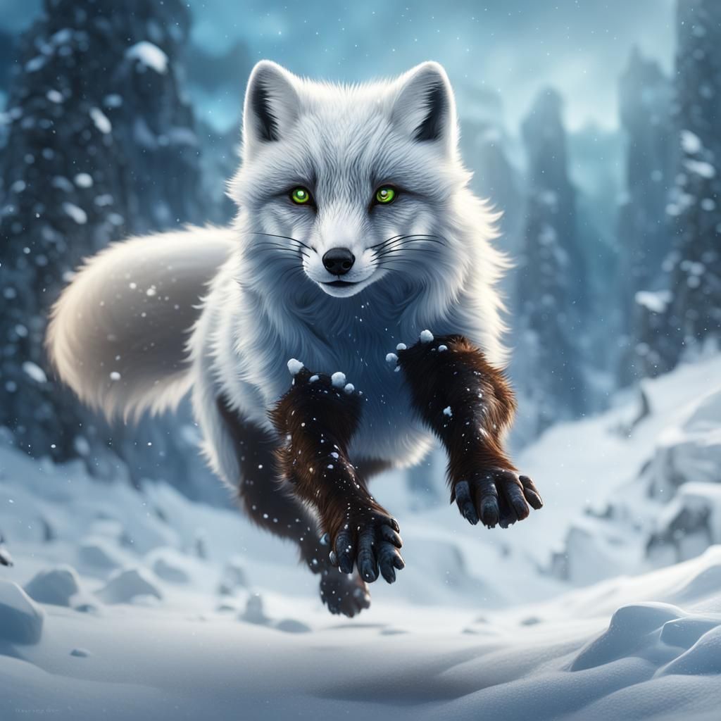 Arctic Fox Leaping in Snow: Detailed Matte Painting