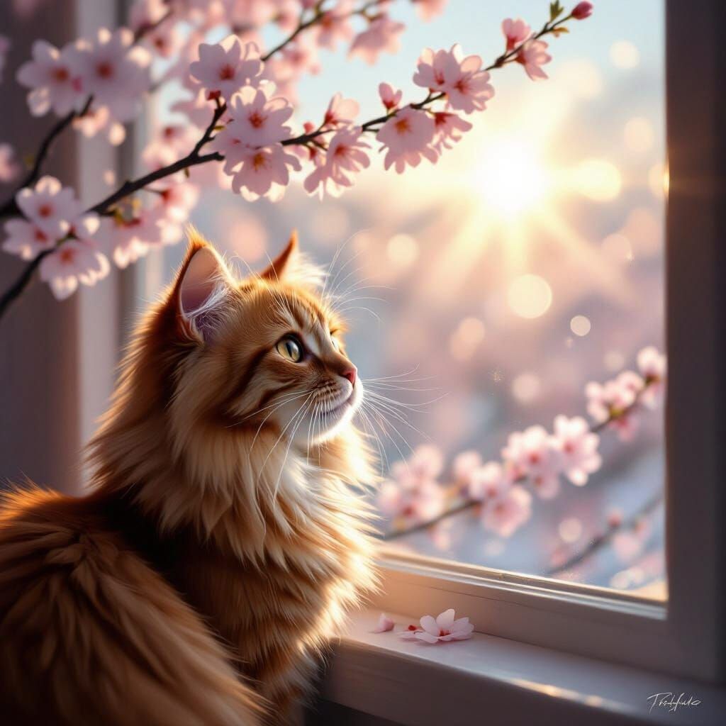 Ginger Cat Gazes at Cherry Blossoms in Ethereal Light