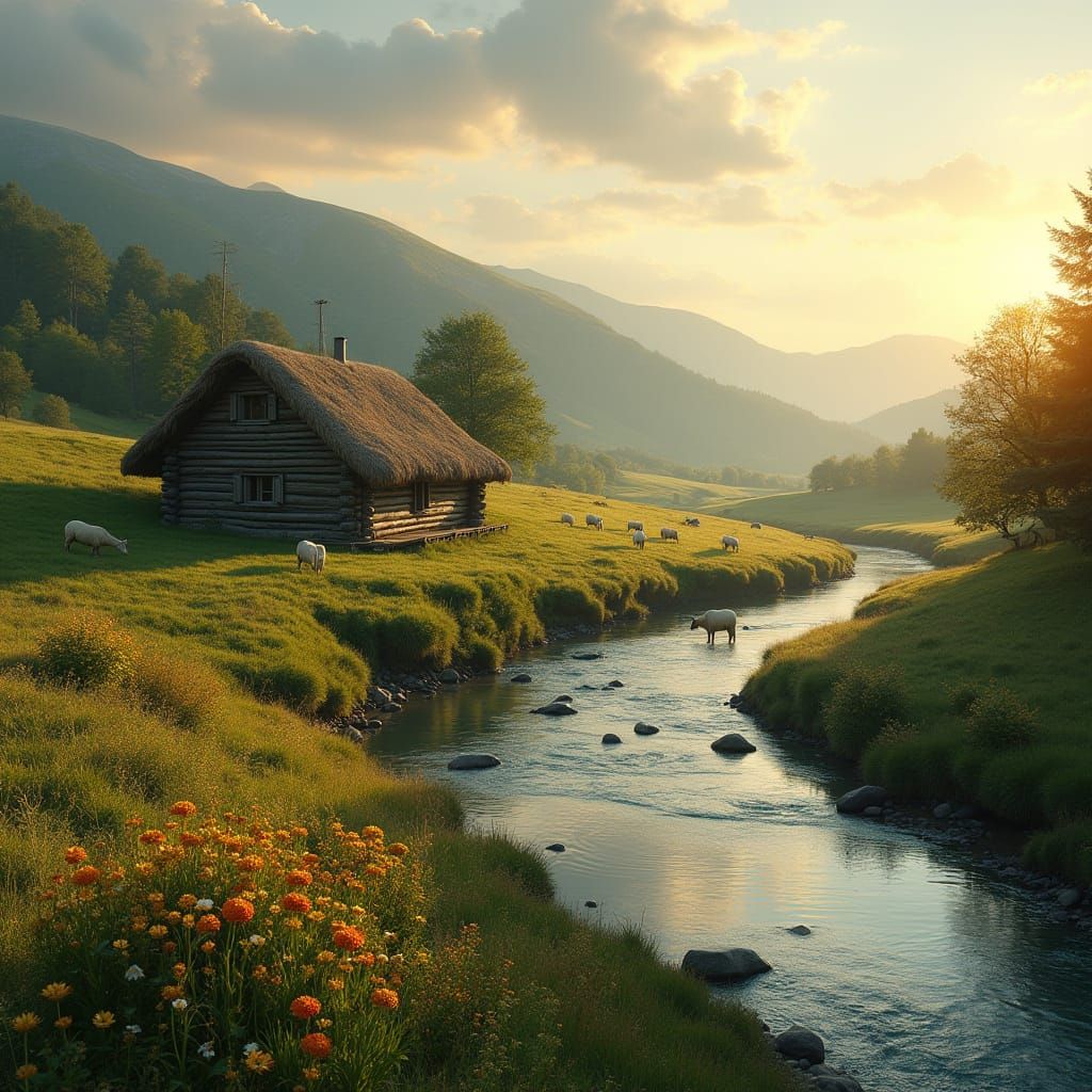 Peaceful Countryside Landscape with Rustic Cabin and Wildflo...