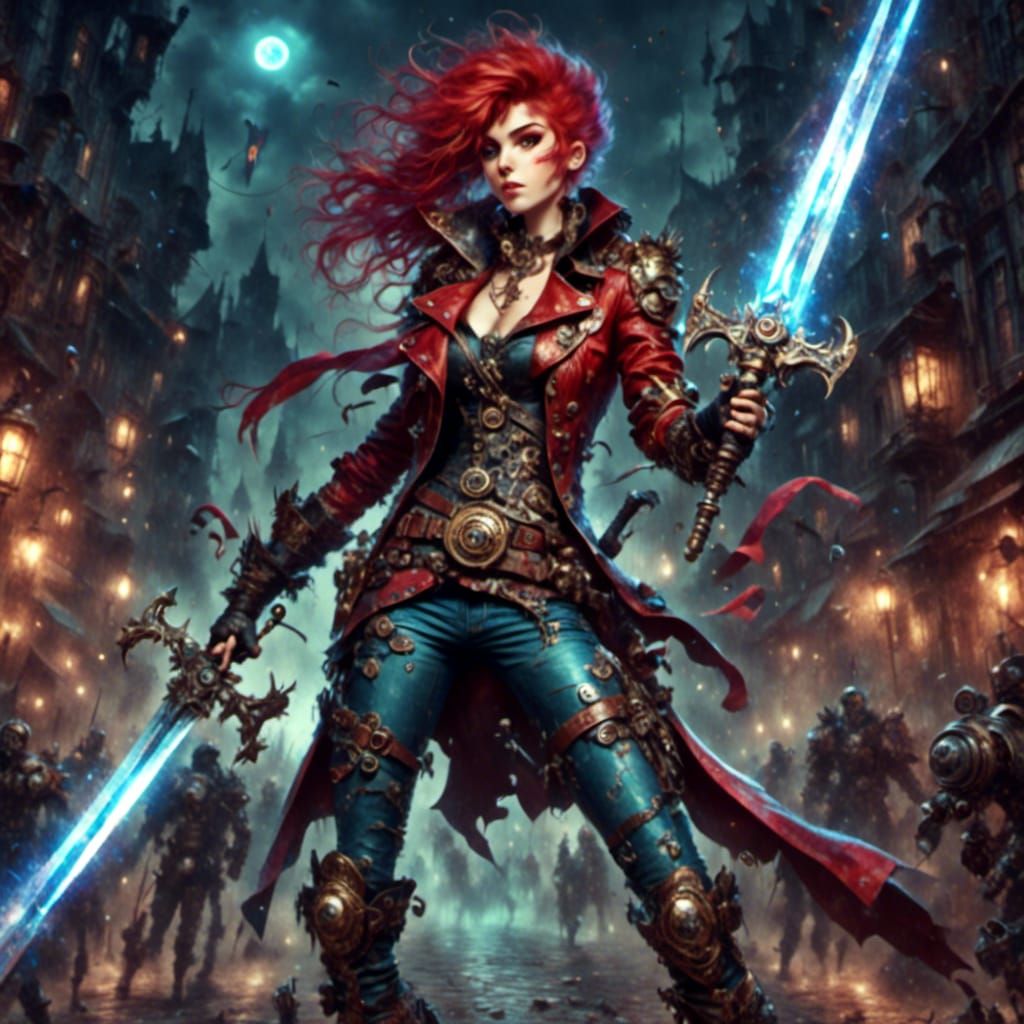 Steampunk Anime Woman with Glowing Sword