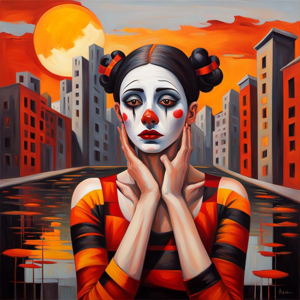 Melancholic Mime Girl in Surreal Setting, Hyperrealistic Pai...