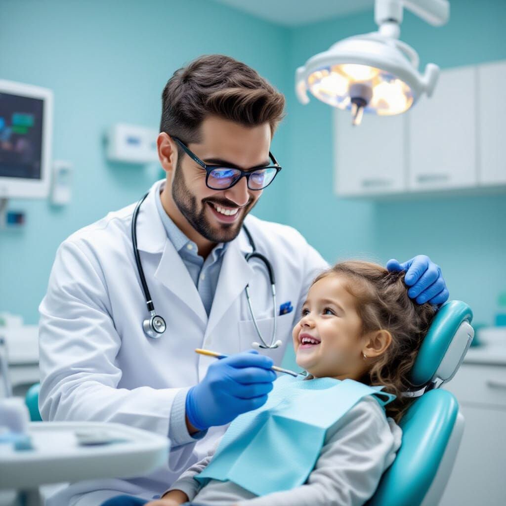 Handsome Young Dentist Attends Smiling Child Patient