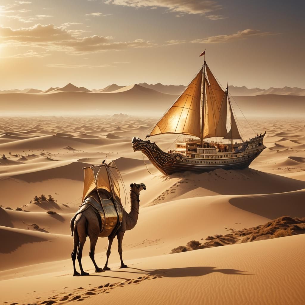 Desert Ship with Camel Figurehead: Fantasy Concept Art