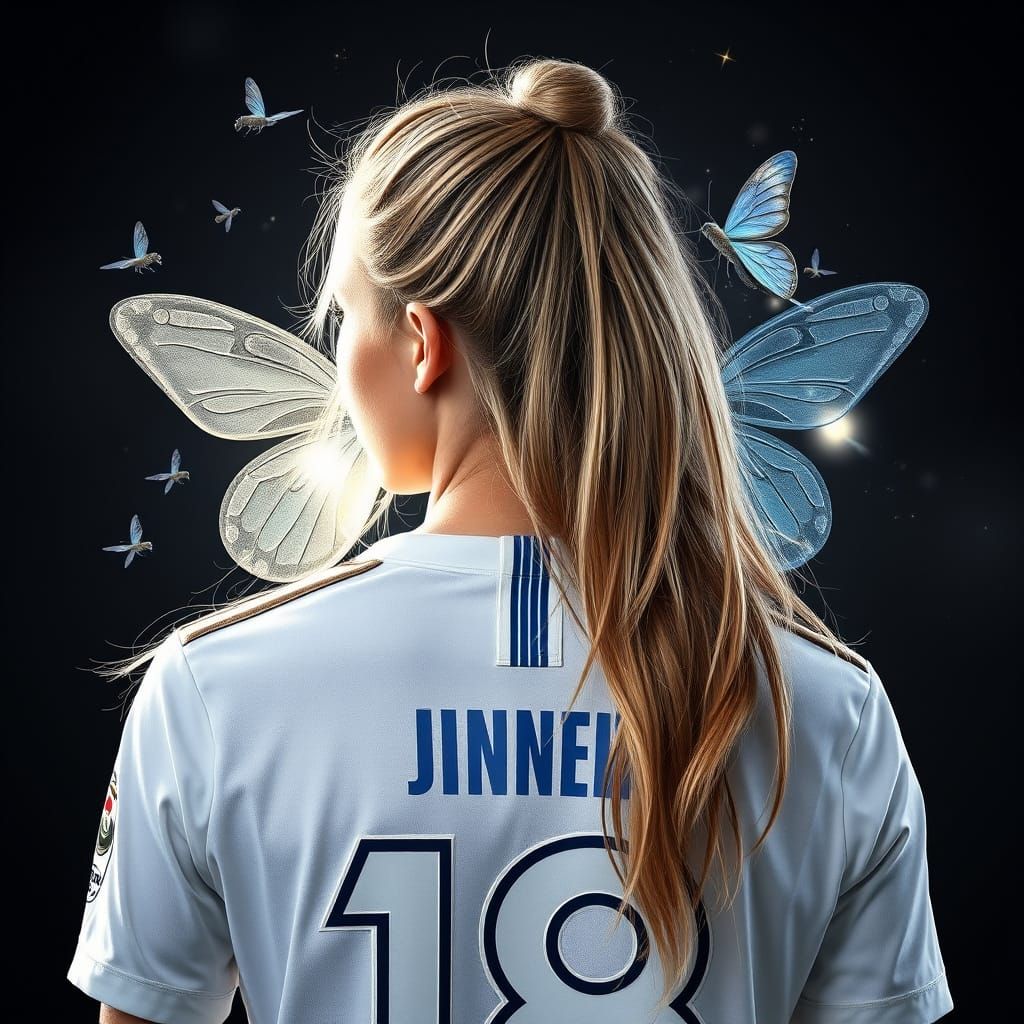 Female Footballer in Dual Team Attire with Fairies