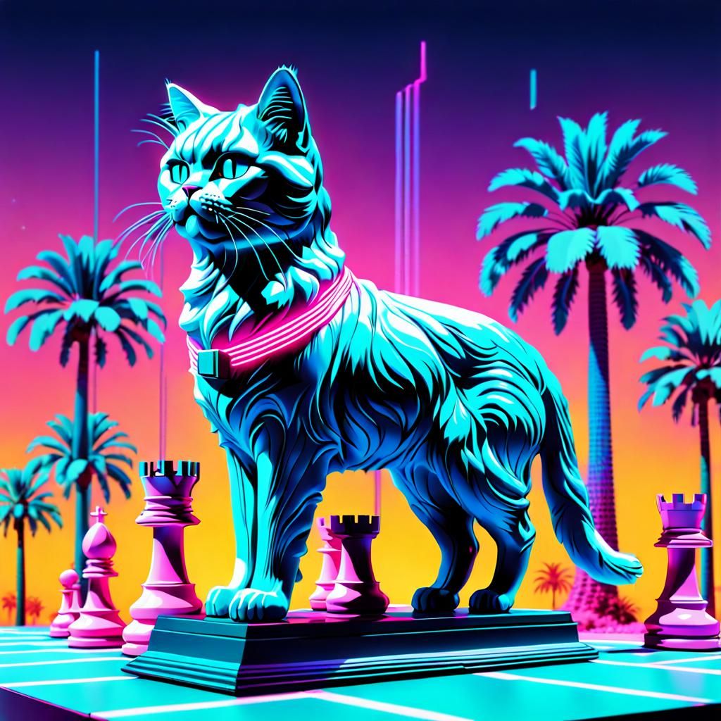 Vaporwave Neon Cat Statue with Glitch Effects