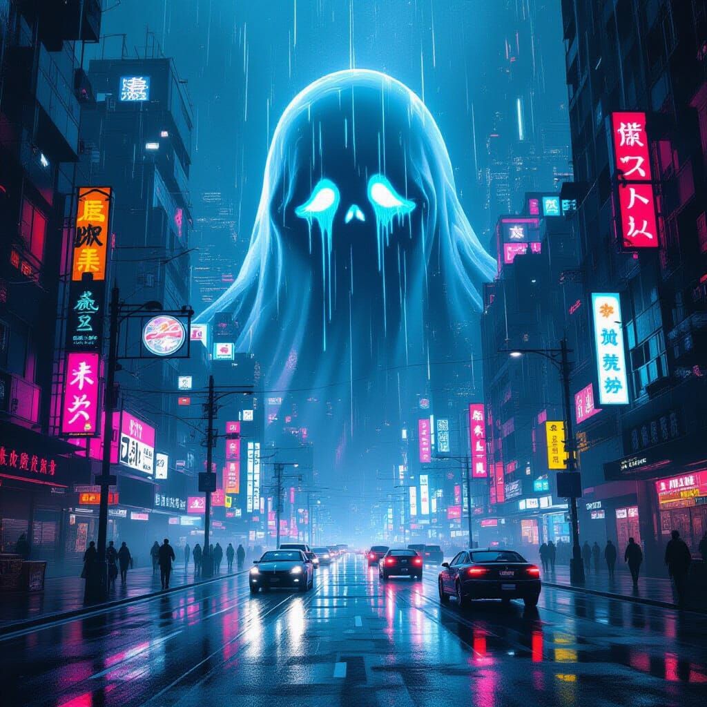 Ethereal Ghost in Futuristic City, Grunge Style