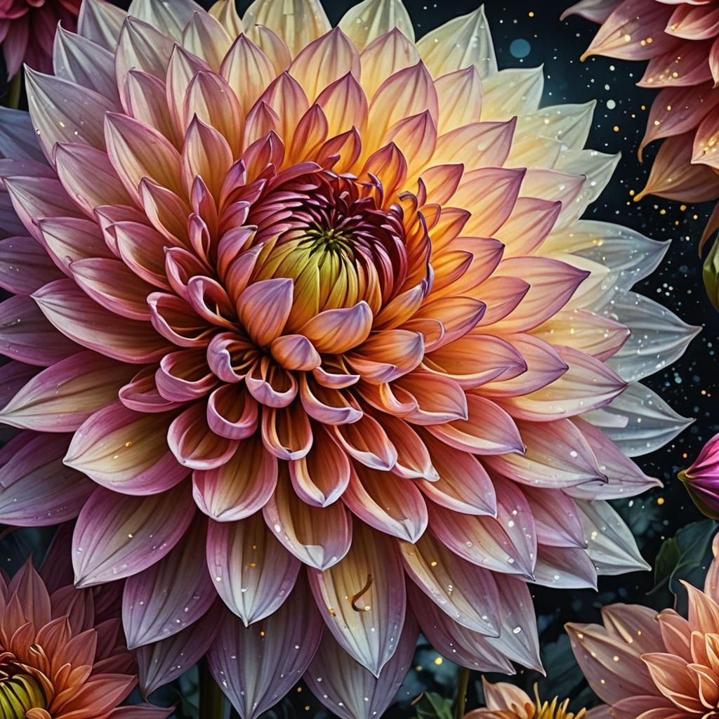 Hyperdetailed Dahlia in Moonlit Watercolor Landscape