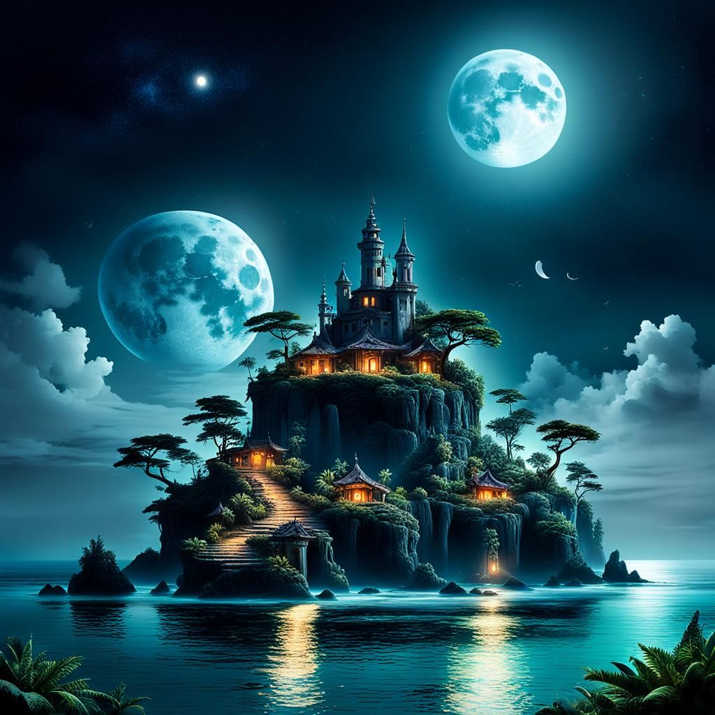 Mystical Island with Two Moons: 3D Digital Art
