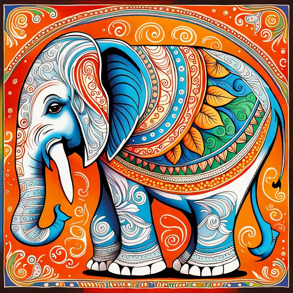 Ornate Elephant Mandala in Madhubani Style