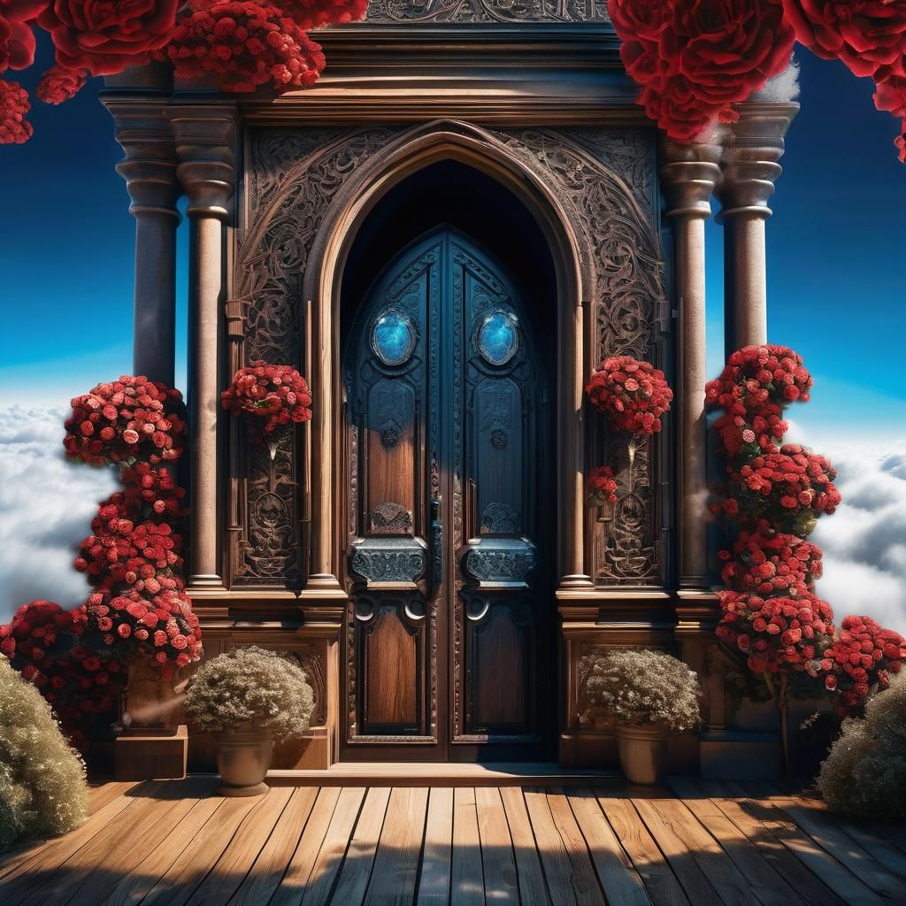 Floating Wooden Door to Gothic Castle, Surreal Scene