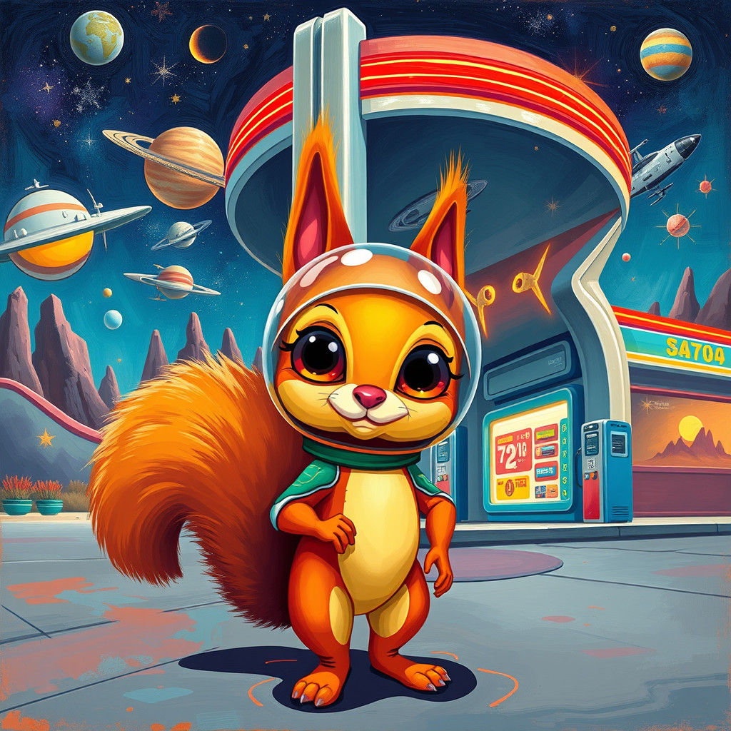 Alien Squirrel at Futuristic Gas Station in Avant-Garde Styl...