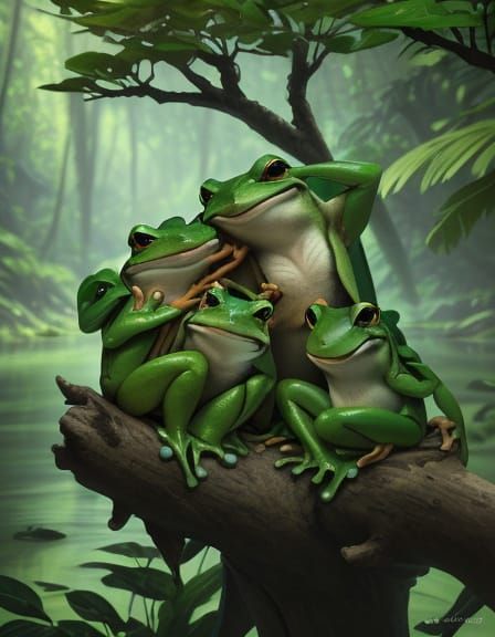 Three Frogs Cling to Branch Over River in Digital Painting