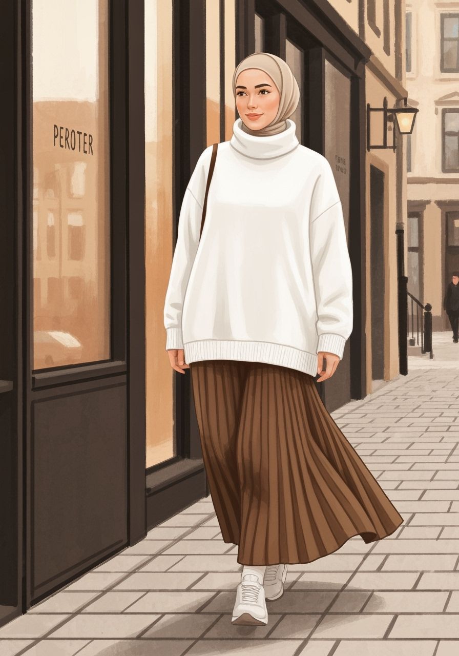 Happy Woman in Hijab Walks in Cozy City