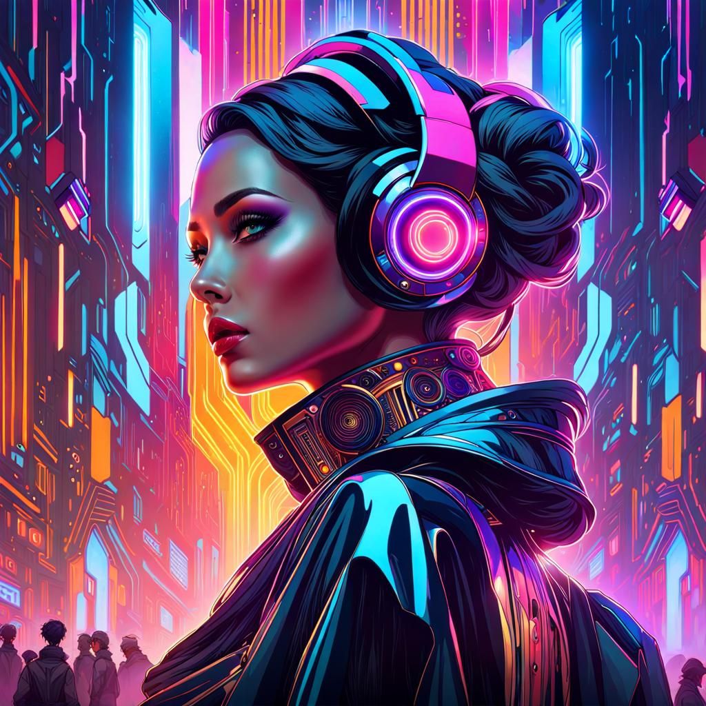 Cyberpunk DJ Woman in Polychromatic Neon Art