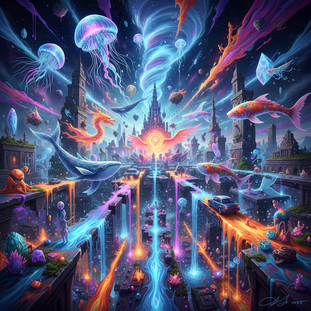 Surreal Liquid Universe with Melting Cityscapes and Mythical...