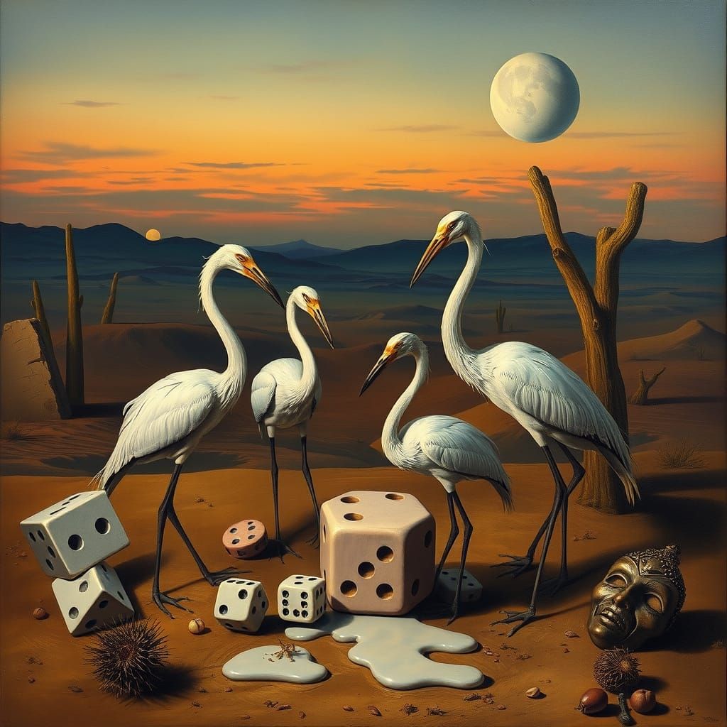 Surreal Desert Oasis with Herons in Oil Painting Style