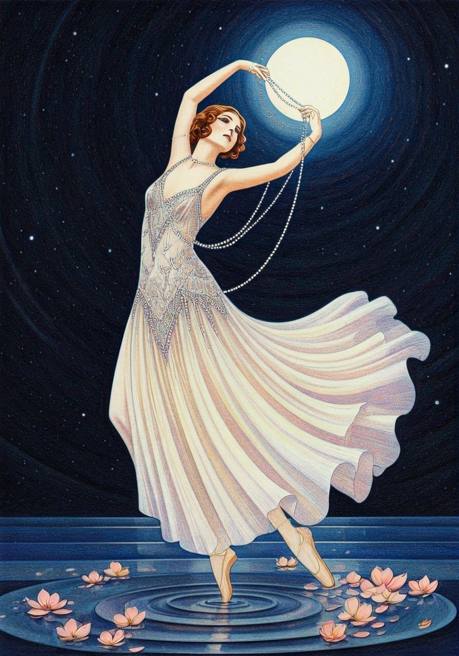 Art Deco Dancer in Starry Night Sky