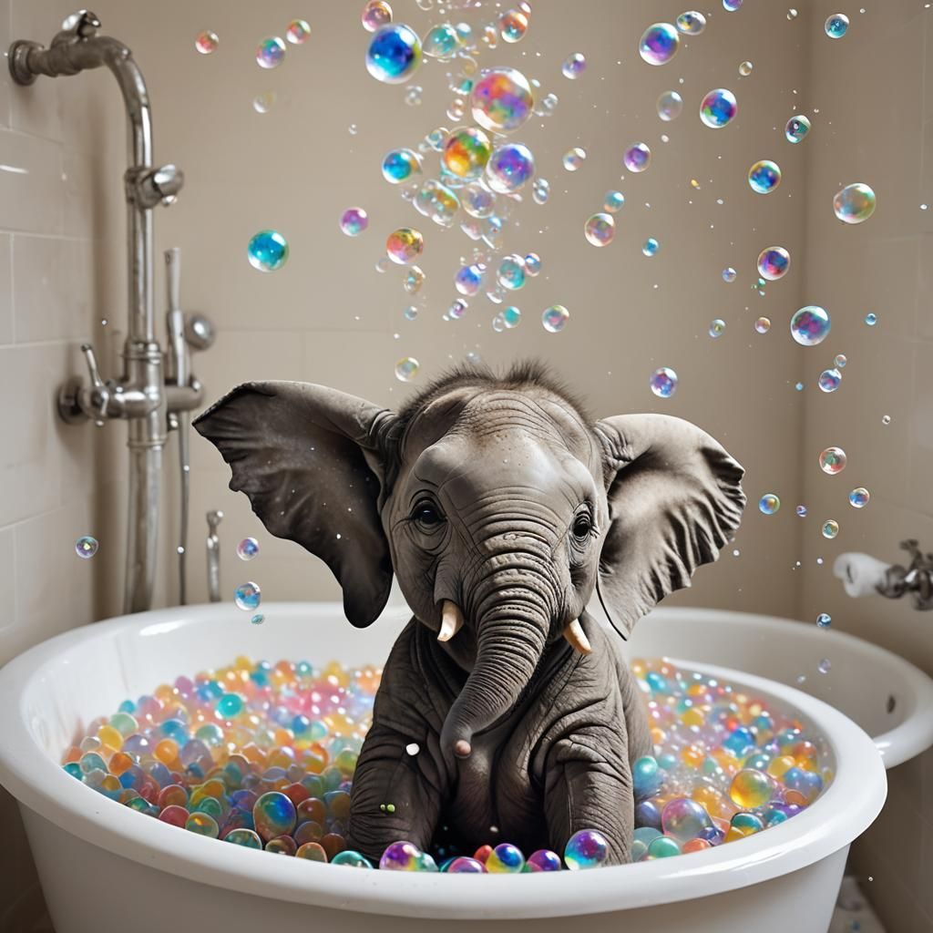 a realistic baby elephant in a clawfoot tup, tub is full of bubbles and the elephant is blowing iridescent bubbles with ...