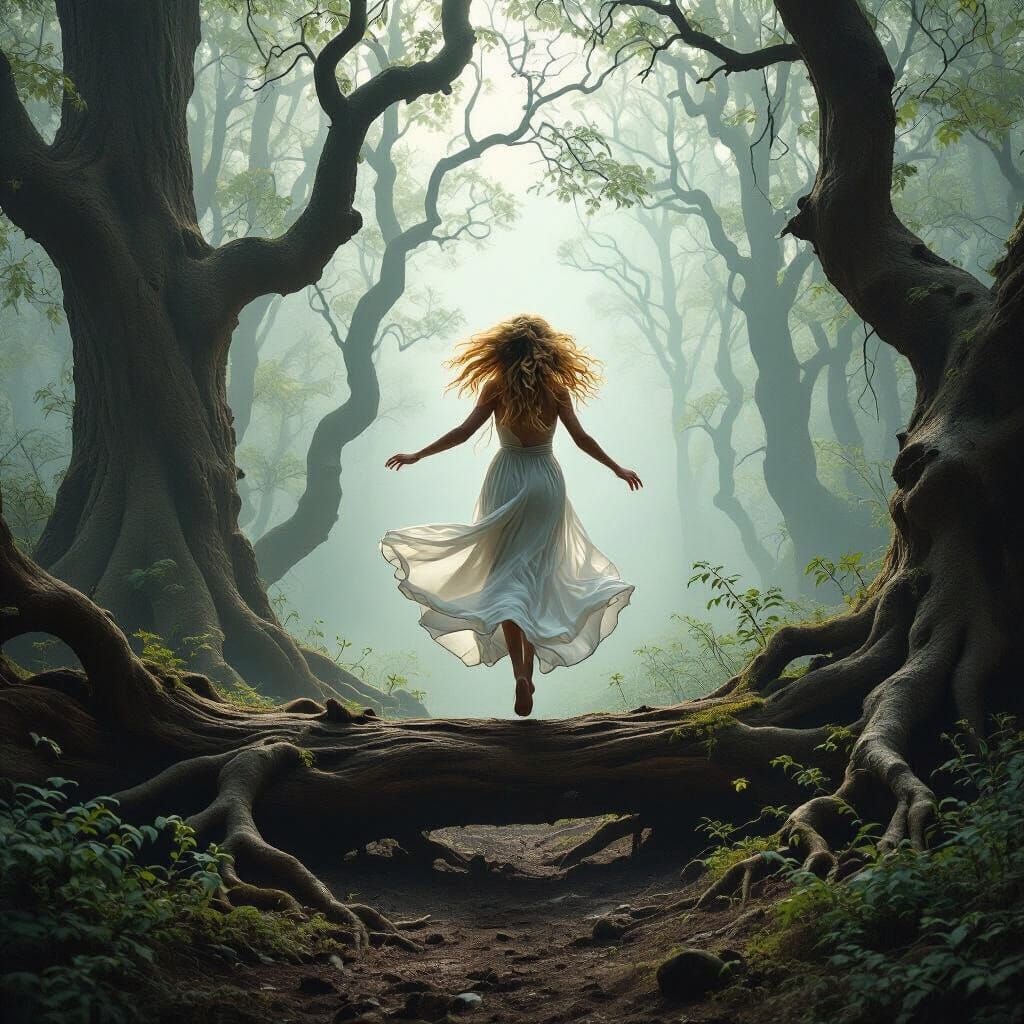 Ethereal Nymph Leaping in Misty Forest, Dramatic Lighting