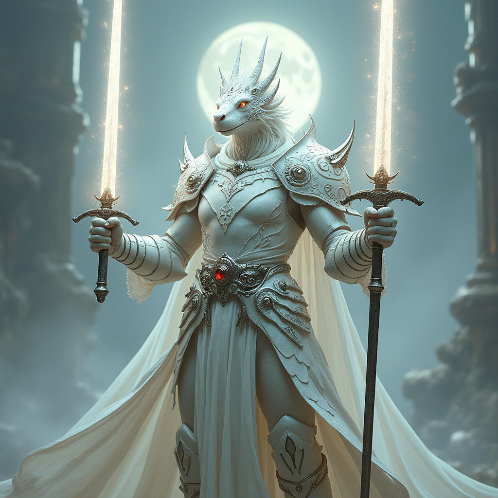 Dragonborn Warrior in White Armor with Light Scimitars