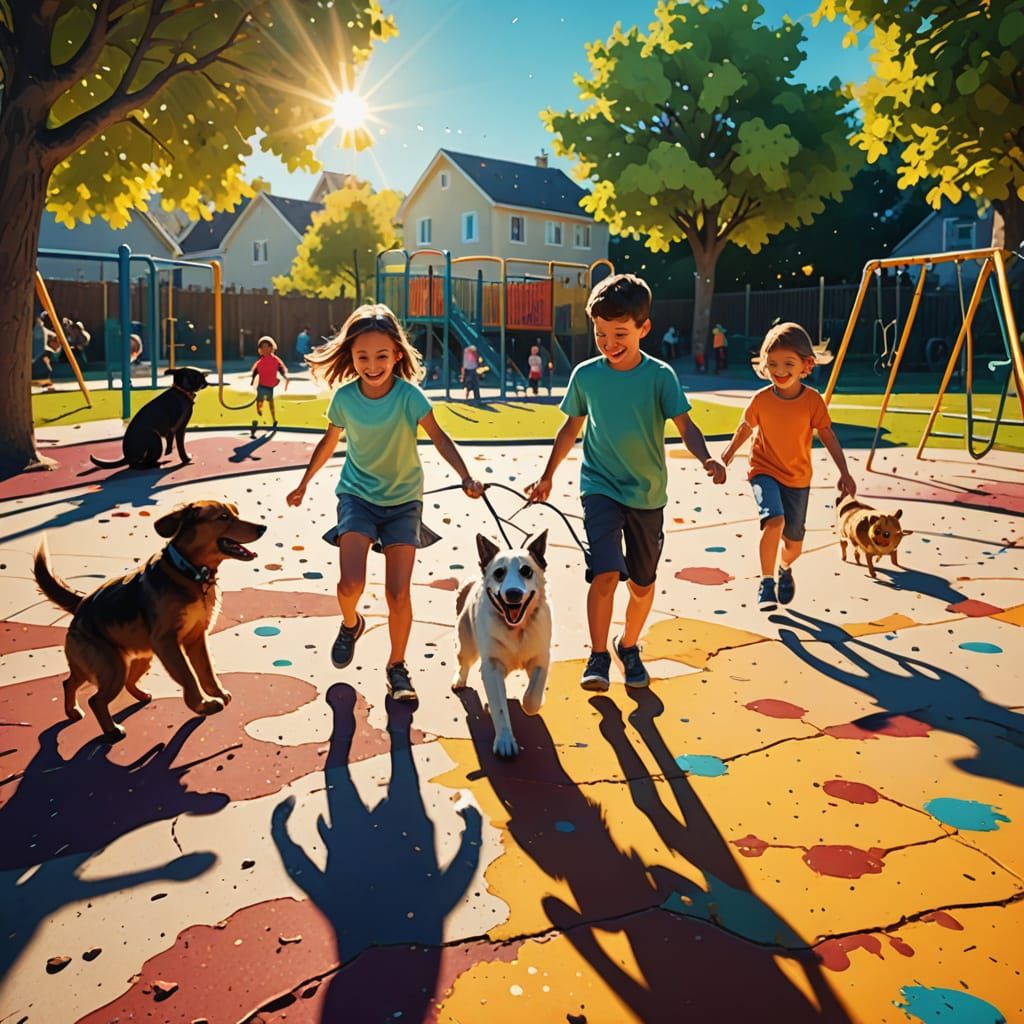 Children Play on Playground in Splatter Painting Style