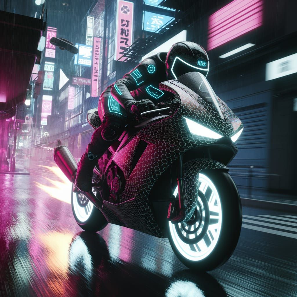 Cyberpunk Motorcycle Skids Through Tokyo Alley
