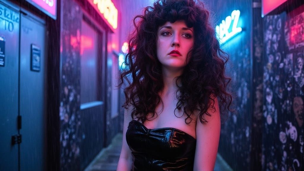 A rain-soaked neon alleyway at night, lit by flickering neon...