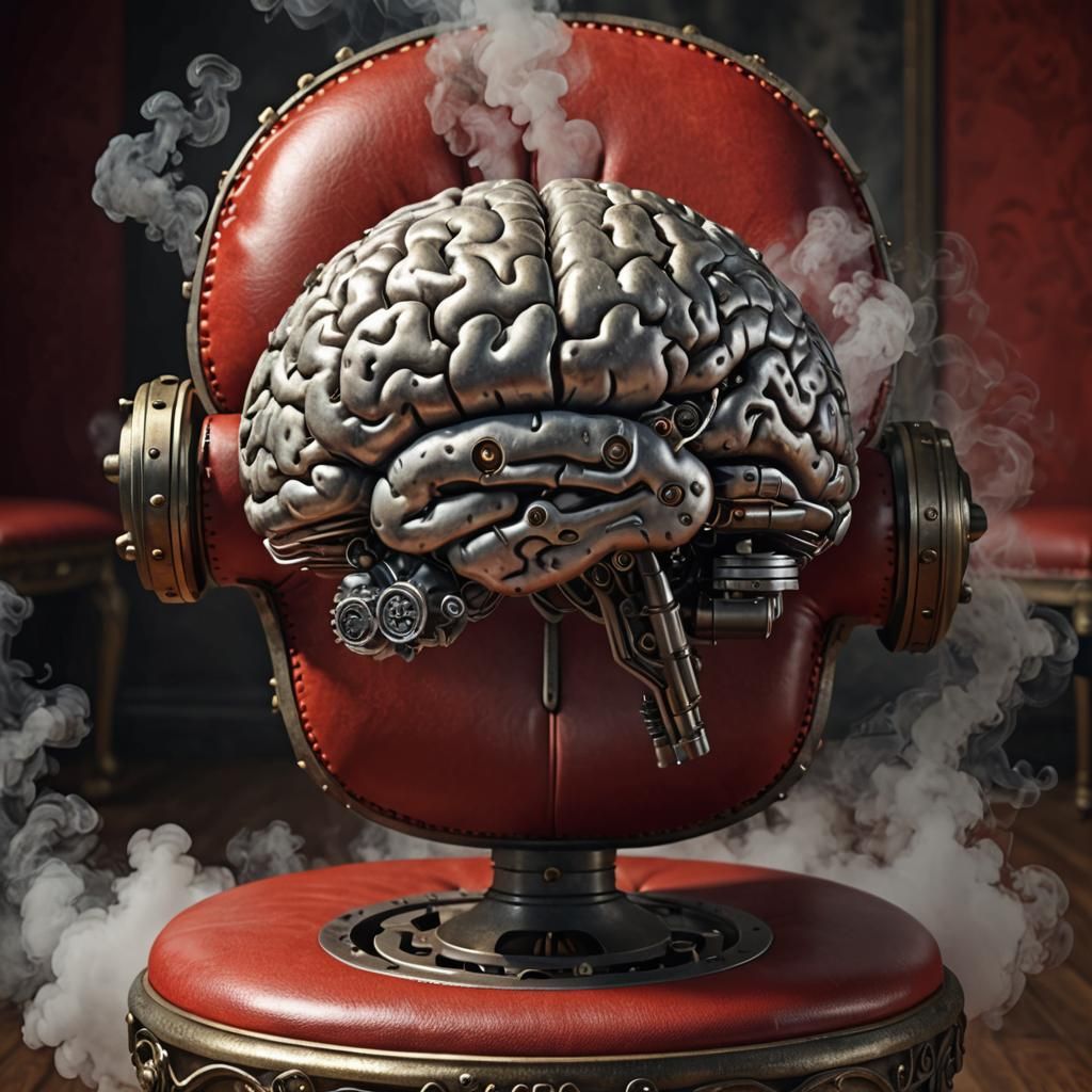 Steam-Powered Brain in Red Chair: Photorealistic Art