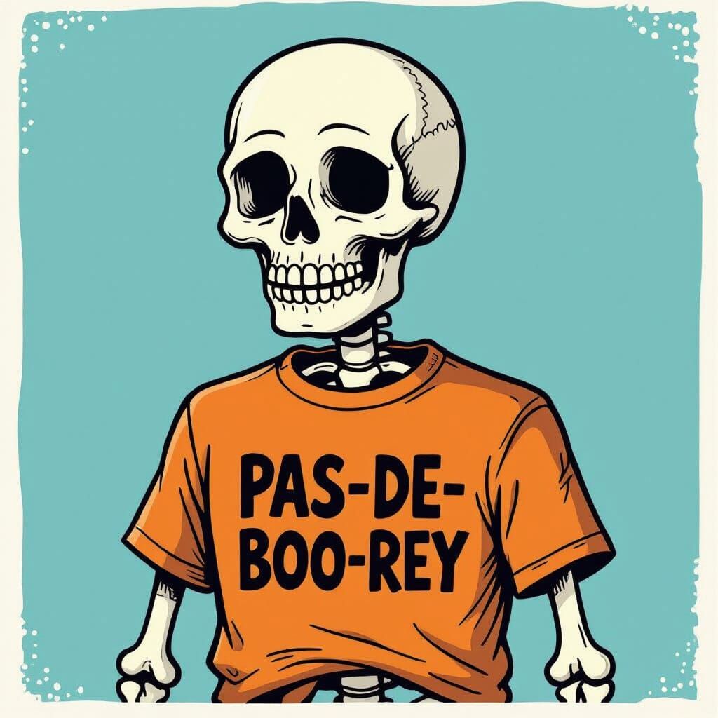 Skeleton Wearing 'Pas-de-boo-rey' Shirt in Cartoon Style