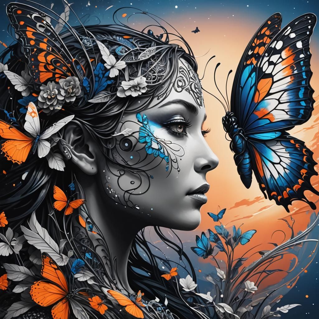 Butterfly Profile in Black and White Line Art